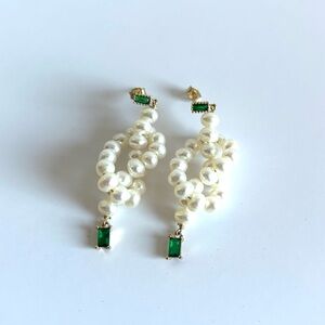 NTS Studio Pearl Drop and Green Baguette Stone Earrings